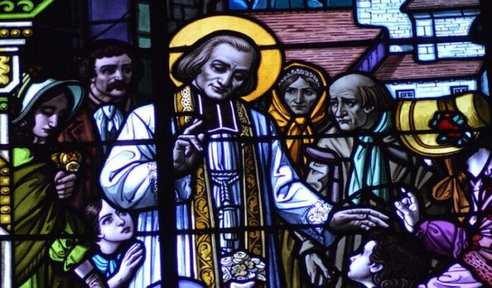 stained glass, parish priest, blessing, children, confessor, st jean marie vianney, france, patron saint of priests